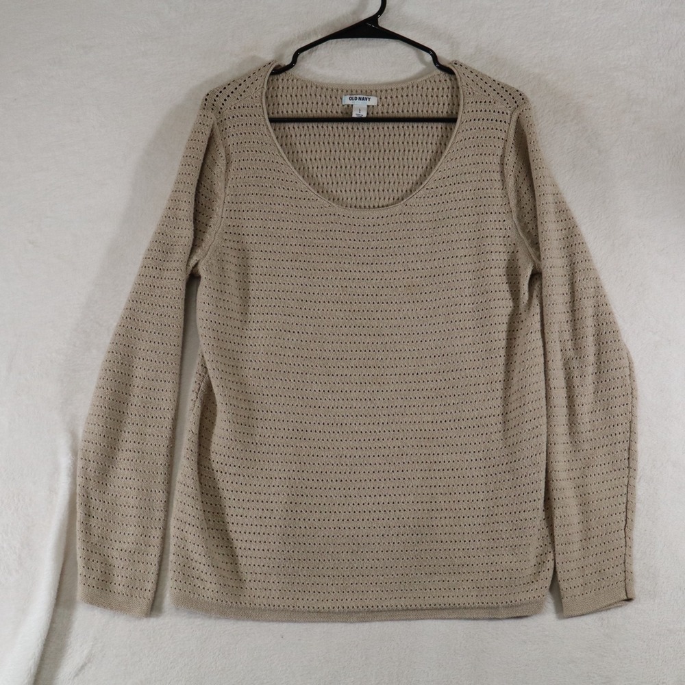 Old Navy Women's Large Beige Pointelle Knit Sweater Scoop Neck Long Sleeve